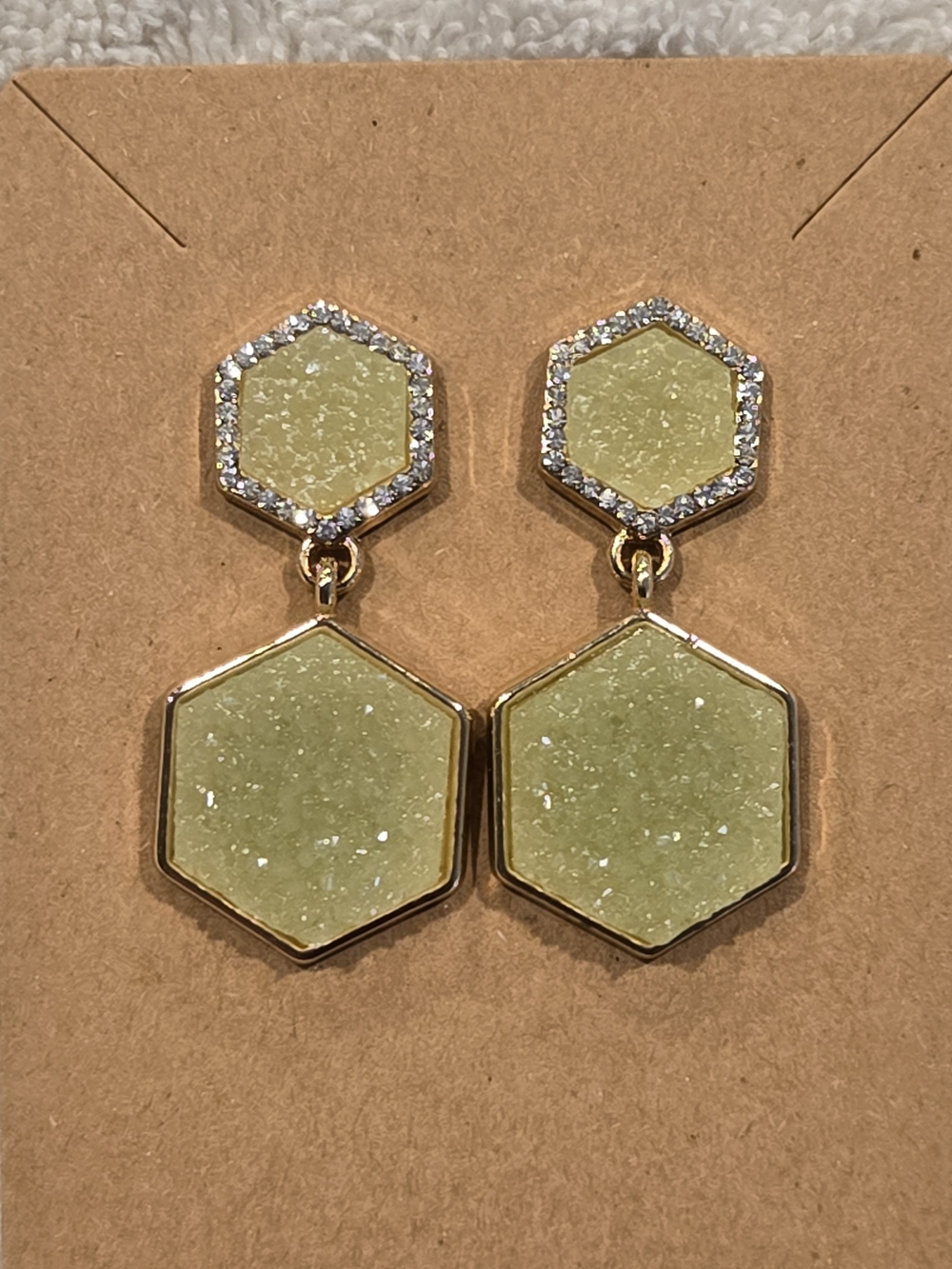 Gold-Tone Hexagon Olive Druzy Drop Earrings